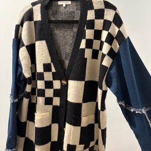 Checkered Cardigan with Denim Sleeves